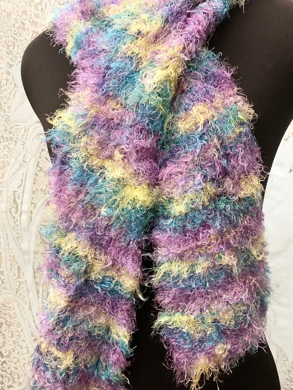 Y2K Eyelash Knit Scarf Fuzzy Pastel Stripes Whimsical 2000's - Picture 3 of 4